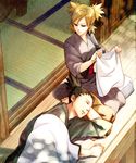  1boy 1girl artist_request black_hair blanket blonde_hair couple eyes_closed folding hatomugi_(htmg_nrt) japanese_clothes lap_pillow nara_shikamaru naruto quad_tails sleeping temari topknot 