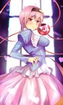  bow breasts from_side hair_bow hand_on_hip heart highres impossible_clothes komeiji_satori large_breasts looking_at_viewer looking_back older pink_eyes pink_hair short_hair solo third_eye touhou untsue 