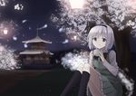  architecture black_legwear blue_eyes cherry_blossoms cup east_asian_architecture grass hide_0 hitodama kneehighs knees_together konpaku_youmu konpaku_youmu_(ghost) lantern light_smile looking_at_viewer night outdoors pagoda paper_lantern pleated_skirt ribbon short_hair silver_hair sitting skirt skirt_set solo touhou tree under_tree 