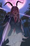  animal_ears blazer bunny_ears forest full_moon gomibukurokarasu highres jacket long_hair looking_at_viewer moon nature necktie open_mouth pink_eyes purple_hair red_neckwear reisen_udongein_inaba skirt solo touhou very_long_hair 