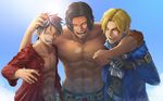  3boys belt blonde_hair brown_hair cravat double-breasted eyes_closed freckles gloves headwear_removed jacket male male_focus monkey_d_luffy multiple_boys one_piece open_shirt portgas_d_ace red_shirt sabo_(one_piece) sash scar shirt smile time_paradox topless 