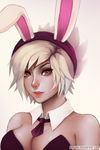  1girl alternate_costume animal_ears bare_shoulders breasts brown_eyes bunny_ears bunny_girl bunnysuit cleavage clothed cropped_arms detached_collar fake_animal_ears league_of_legends lips lipstick makeup necktie nose pink_background riven_(league_of_legends) serajaa short_hair solo watermark white_hair 