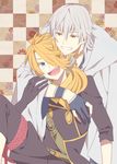  black_gloves blonde_hair blue_eyes fang gloves grin hair_over_one_eye long_hair male_focus multiple_boys open_mouth partly_fingerless_gloves ponytail shishiou smile touken_ranbu tsurumaru_kuninaga white_hair yellow_eyes yupopo_(hidame) 