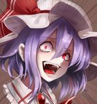  ascot brooch crazy_eyes crazy_laugh downscaled fami_(yellow_skies) fangs hat hat_ribbon jewelry looking_at_viewer md5_mismatch mob_cap purple_hair red_eyes red_ribbon remilia_scarlet resized ribbon shirt short_hair solo touhou upper_body 