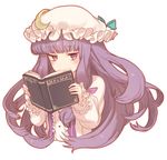  book bow crescent floating_hair frills hair_bow hat holding jitome kikugetsu long_hair long_sleeves patchouli_knowledge purple_eyes purple_hair ribbon sidelocks simple_background solo touhou upper_body white_background 
