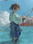  2015 arrow bow_(weapon) dated fire from_side gloves highres kaga_(kantai_collection) kantai_collection realistic short_hair side_ponytail smoke solo tasuki thighhighs torn_clothes torn_legwear wading water weapon zennosuke 