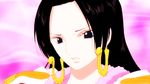  1girl animated animated_gif black_hair boa_hancock earrings female forehead jewelry long_hair one_piece pink_background sexy solo 