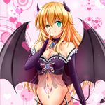  ;) alternate_costume atago_(kantai_collection) bare_shoulders bat_wings blonde_hair breasts bridal_gauntlets character_name cleavage closed_mouth demon_girl demon_horns demon_tail green_eyes heart highres horns kantai_collection large_breasts long_hair looking_at_viewer navel one_eye_closed saber-freedom smile solo succubus tail tattoo wings 