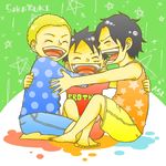  3boys barefoot black_hair blonde_hair brothers freckles hug male male_focus monkey_d_luffy multiple_boys one_piece polka_dot_shirt portgas_d_ace sabo_(one_piece) shirt shorts siblings smile star_print t-shirt trio younger 