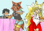  2girls animal_ears black_hair blank_eyes blonde_hair blush brown_eyes brown_hair cafe claws clothes_writing detached_sleeves dog_ears dog_tail drooling fang food fox_ears fox_tail fur furry glass headband japanese_clothes kitsune kobold kurusu_kimihito kyuubi luz_ninetei miko monster_girl monster_musume_no_iru_nichijou multiple_girls multiple_tails navel plate polt ribbon-trimmed_legwear ribbon-trimmed_sleeves ribbon_trim short_hair short_shorts shorts sketch surappi sweatband tail tank_top thighhighs yellow_eyes 