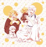  alternate_costume blonde_hair blush child closed_eyes dual_persona fang hair_over_one_eye japanese_clothes lion_tail male_focus multiple_boys open_mouth shishiou sitting tail touken_ranbu tsurumaru_kuninaga white_hair younger yupopo_(hidame) 