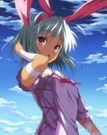  animal_ears bandages blue_sky brown_eyes bunny_ears cloud day dress duel_savior fake_animal_ears hair_ribbon hand_in_hair looking_at_viewer md5_mismatch nanashi_(duel_savior) purple_dress rasahan ribbon short_sleeves silver_hair sky solo 