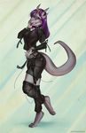  2015 anthro arm_sleeves clothing dragon female hair horn legwear looking_at_viewer purple_hair shirt solo stockings vagabondbastard yellow_eyes 