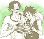  2boys abs brothers drinking freckles hat male male_focus monkey_d_luffy mug multiple_boys necklace one_piece portgas_d_ace scar siblings smile stampede_string topless vest 