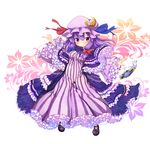  alternate_costume blush breasts crescent crescent_hair_ornament dress flower frilled_dress frilled_sleeves frills hair_ornament hat long_dress long_hair looking_at_viewer medium_breasts patchouli_knowledge purple_eyes purple_hair see-through shoes solo tobi_(nekomata_homara) too_many too_many_frills touhou 