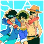  3boys belt black_hair blonde_hair brothers cowboy_hat cravat goggles goggles_on_hat hat male male_focus monkey_d_luffy multiple_boys necklace one_piece portgas_d_ace red_shirt sabo_(one_piece) sash scar shirt shorts siblings smile stampede_string straw_hat top_hat topless trio 