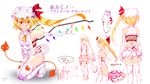  alternate_costume animal_ears ascot ass back bare_shoulders blonde_hair cat cat_ears character_sheet elbow_gloves flandre_scarlet gloves hat hat_ribbon hat_with_ears highres kneeling laevatein leotard long_hair looking_at_viewer mob_cap multiple_views nyuu_(manekin-eko) outstretched_arm parody red_eyes ribbon showgirl_skirt side_ponytail taimanin_(series) taimanin_suit thighhighs thighs touhou translation_request very_long_hair white_gloves white_legwear wings 