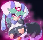  1girl alternate_breast_size android arm_under_breasts bent_over blush bodysuit breast_hold breasts capcom dark_background female green_hair head_tilt heart heart-shaped_pupils heart_in_eye helmet huge_breasts looking_at_viewer nippleless_clothes nipples pandora_(rockman) puffy_nipples red_eyes rockman rockman_zx semikichi simple_background solo steaming_body symbol-shaped_pupils symbol_in_eye 