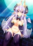  blush breasts cleavage demon_horns demon_tail elbow_gloves eteru_(mofuaki) feathered_wings full_moon gloves horns large_breasts long_hair looking_at_viewer mofuaki moon original pointy_ears purple_eyes purple_hair smile solo tail thighhighs wings 