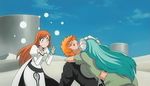  1boy 2girls animated animated_gif aqua_hair arrancar bleach blue_sky breast_press breasts embrace female fingers green_hair hands horns hug huge_breasts hugging inoue_orihime kurosaki_ichigo large_breasts long_hair male multiple_girls nelliel_tu_odelschwanck orange_hair sexually_suggestive shinigami short_hair sky tattoo turquoise_hair very_long_hair wavy_hair 