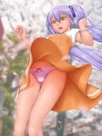  ^jj^ bow bow_panties dress dress_lift hoshino_ruri kidou_senkan_nadesico long_hair panties pink_panties purple_hair solo twintails underwear wind wind_lift yellow_eyes 