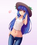  adapted_costume armpits bare_shoulders blue_pants breasts casual contemporary crop_top denim dutch_angle eyebrows fine_fabric_emphasis grin hand_in_hair hand_on_hip hat hater_(hatater) heart highres hinanawi_tenshi jeans long_hair lowleg lowleg_pants midriff navel navel_piercing open_fly open_pants pants piercing red_eyes simple_background skin_tight skinny small_breasts smile solo stomach tank_top thick_eyebrows thigh_gap tight tight_pants touhou unbuttoned unzipped white_background 