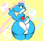  backsack ball balls big_butt butt butt_heart cyan_yoshi huge_butt invalid_tag looking_at_viewer looking_back male mario_bros nintendo reborn_(artist) solo thick_thighs v_sign video_games wide_hips yoshi yoshi_egg 