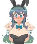  @_@ animal_ears areolae bare_shoulders blue_eyes blue_hair blush bow bowtie breasts bunny_ears bunnysuit cleavage detached_collar fake_animal_ears highres kusanagi_tonbo large_breasts long_hair looking_at_viewer open_mouth original solo tears upper_body wrist_cuffs 