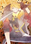  black_gloves blue_eyes gloves grin hair_over_one_eye katana long_hair looking_at_viewer male_focus mismatched_gloves orange_hair ponytail shishiou shishiou_no_mofumofu sitting smile sword touken_ranbu weapon yupopo_(hidame) 