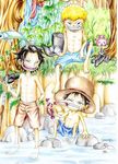  3boys black_hair blonde_hair brothers crab fish fishing freckles hand_on_hip hat male male_focus monkey_d_luffy multiple_boys one_piece portgas_d_ace river sabo_(one_piece) siblings spear_fishing straw_hat top_hat topless trio water younger 