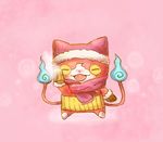  blush cat fangs fire haramaki jibanyan mittens multiple_tails no_humans open_mouth pink_background scarf solo steam tail tail-tip_fire two_tails umi_(srtm07) winter youkai youkai_watch 