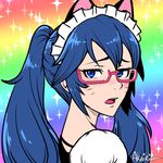  akairiot alternate_costume alternate_hairstyle animal_ears bespectacled blue_eyes blue_hair cat_ears enmaided fire_emblem fire_emblem:_kakusei glasses kemonomimi_mode long_hair looking_back lucina maid maid_headdress open_mouth pink-framed_eyewear puffy_sleeves rainbow_background semi-rimless_eyewear solo sparkle twintails under-rim_eyewear whiskers 