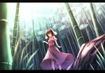  absurdres animal_ears bad_id bad_pixiv_id bamboo bamboo_forest brown_hair bunny_ears forest from_below highres inaba_tewi letterboxed light_rays nature pointing red_eyes rerrere short_hair solo sunbeam sunlight touhou 