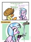  2018 absurd_res applejack_(mlp) avian comic cowboy_hat duo earth_pony english_text equine female feral freckles friendship_is_magic gryphon hair hat hi_res horse jewelry mammal my_little_pony necklace poecillia-gracilis19 pony scissors silverstream_(mlp) simple_background tap text water white_background 