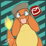  2015 ambiguous_gender blue_eyes charimod charmander chubby cute eyewear fangs fire glasses hat lizard looking_at_viewer mail nintendo pok&eacute;mon reptile scalie solo teeth tongue tongue_out video_games 