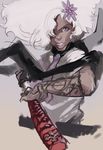  afro dark_skin flat_chest flower foreshortening hair_flower hair_ornament hair_over_one_eye highres katana lips necktie no_more_heroes norasuko purple_eyes scabbard scarf school_uniform sheath shinobu_jacobs short_hair sketch solo sword unsheathing upper_body weapon white_hair 