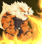  anthro arcanine arm biceps blue_eyes bodybuilder breath fire flamethrower fur male muscles naruever nintendo pecs penis pok&eacute;mon ranged_weapon video_games weapon 