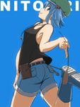  absurdres bare_shoulders belt blue_background blue_eyes blue_footwear blue_hair blush blush_stickers boots cattail character_name collarbone denim denim_shorts hair_bobbles hair_ornament hat highres jewelry kaauchi kawashiro_nitori key key_necklace leg_up looking_at_viewer looking_back plant rubber_boots short_hair short_shorts shorts simple_background sleeveless solo tank_top tongue tongue_out tool_belt touhou two_side_up wrench 