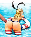  1girl akairiot back blonde_hair breasts brown_eyes cum cum_on_ass disembodied_penis floating g-string hairband hetero highres innertube kantai_collection long_hair looking_back miniskirt panties partially_submerged partially_visible_anus partially_visible_vulva penis shimakaze_(kantai_collection) sideboob skirt striped striped_legwear thighhighs thong topless underwear wet 