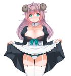  animal_ears apron aqua_eyes ass_visible_through_thighs blush breasts cameltoe cleavage collarbone deneb_(noble324) detached_collar dress dress_lift garter_straps horns juliet_sleeves large_breasts long_sleeves original panties pink_hair puffy_sleeves sheep_ears sheep_horns simple_background smile solo thighhighs underwear waist_apron white_background white_legwear white_panties 