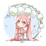  absurdly_long_hair alternate_color animal_ears bangs bird bunny_ears chibi collared_shirt detached_sleeves flower hair_flower hair_ornament hand_up hatsune_miku headphones highres kexi_shi_ge_hentai kneehighs lily_of_the_valley long_hair necktie petals pink_eyes pink_hair sakura_miku shirt skirt solo tie_clip twintails very_long_hair vocaloid 