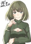  2015 blue_eyes blush breasts brown_hair cleavage dated finger_to_mouth green_eyes heterochromia idolmaster idolmaster_cinderella_girls long_sleeves looking_at_viewer medium_breasts meme_attire mole mole_under_eye naginoya number open-chest_sweater ribbed_sweater short_hair smile solo sweater takagaki_kaede turtleneck upper_body white_background 