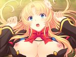 1girl areolae arms_up blonde_hair blue_eyes blush bow bowtie breasts breasts_outside flower game_cg hair_ornament highres huge_breasts isse looking_at_viewer lying nipples no_bra open_mouth solo tsukikage_ars_magika:_fukagyaku_shin&#039;iki_no_shoujo-tachi tsukikage_ars_magika:_fukagyaku_shin'iki_no_shoujo-tachi 
