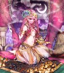  anklet arabian_clothes armlet barefoot fantasy harem_outfit harem_pants highres jewelry lamp long_hair midriff navel original pants pink_hair red_eyes takeda_hotaru veil 