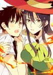 1girl arm_around_shoulder bad_id bad_pixiv_id black_hair bow brown_eyes brown_hair clenched_hands collared_shirt fire green_eyes hands_on_own_chest hat kagari_ayaka looking_at_viewer mosuko necktie shirt sketch sweatdrop takamiya_honoka witch witch_craft_works witch_hat 
