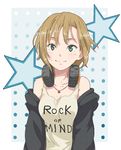  bare_shoulders blush brown_hair clothes_writing e_moegi green_eyes headphones headphones_around_neck highres idolmaster idolmaster_cinderella_girls jewelry looking_at_viewer necklace short_hair smile solo tada_riina 