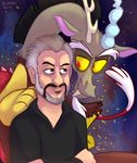  2015 beard brown_eyes brown_fur brown_hair discord_(mlp) draconequus duo facial_hair fangs friendship_is_magic fur grey_hair hair horn human john_de_lancie male mammal my_little_pony orlandofox red_eyes smile yellow_sclera 