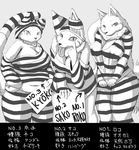  2015 5_fingers anthro big_breasts breasts canine cat chubby cleavage clothed clothing cocolog costume feline female fox fur group hands_on_hips japanese_text kyoko_(cocolog) leaning leaning_forward looking_at_viewer mammal midriff monochrome navel roko_(cocolog) sako_(cocolog) standing text thick_thighs tongue tongue_out translation_request tuft wide_hips wolf 