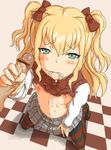  1girl after_fellatio bar_censor blonde_hair bow censored checkered checkered_floor cum cum_in_mouth cum_on_body cum_on_upper_body cum_string fellatio flat_chest green_eyes hair_bow hetero highres hinomiya_niho kneeling long_hair looking_at_viewer nipples oral penis penis_grab rose22 school_girl_strikers school_uniform shirt_lift skirt solo_focus striped striped_legwear thighhighs two_side_up vest 