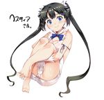  1girl bare_legs bare_shoulders barefoot black_hair blue_eyes breasts cameltoe cleavage colored_eyelashes dungeon_ni_deai_wo_motomeru_no_wa_machigatteiru_darou_ka feet gloves hair_ornament hestia_(danmachi) hestia_(dungeon) legs looking_at_viewer panties rei_no_himo simple_background smile solo tachibana_yuu twintails underwear white_background white_gloves white_panties 